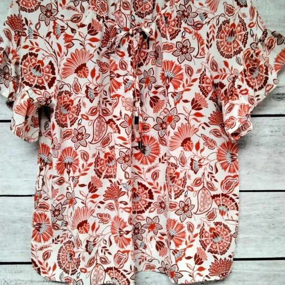 W5 Concepts Blouse Orange Floral Ruffle Sleeve Tie Front Sz M Cottagecore - Picture 2 of 9